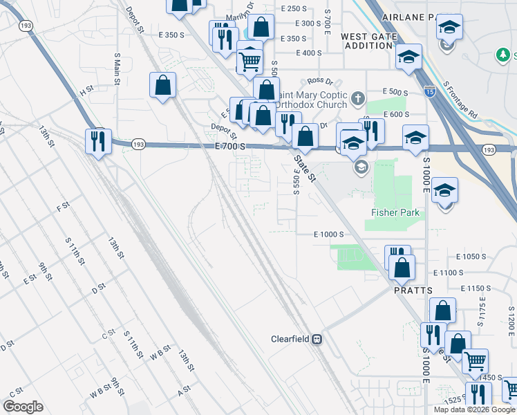 map of restaurants, bars, coffee shops, grocery stores, and more near 490 East 700 South in Clearfield