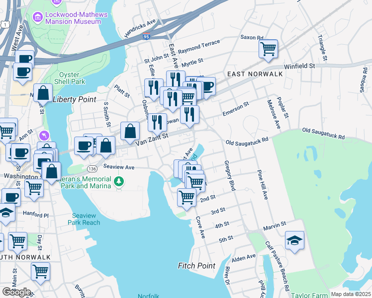 map of restaurants, bars, coffee shops, grocery stores, and more near 256 East Avenue in Norwalk