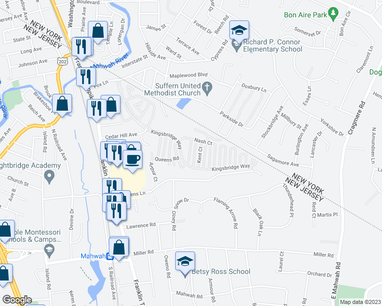 map of restaurants, bars, coffee shops, grocery stores, and more near 2132 Isabelle Court in Mahwah