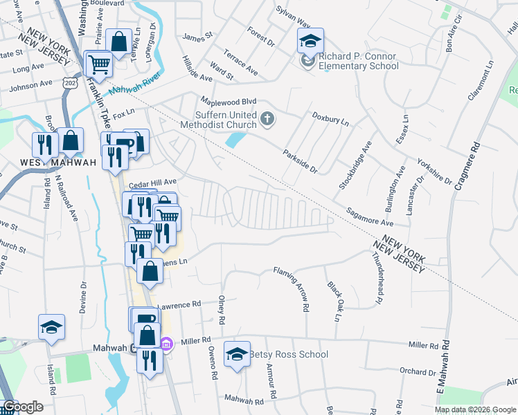 map of restaurants, bars, coffee shops, grocery stores, and more near 2169 Kent Court in Mahwah