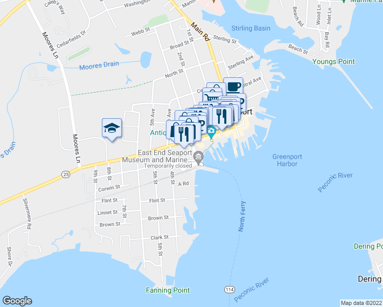 map of restaurants, bars, coffee shops, grocery stores, and more near 137 3rd Street in Greenport