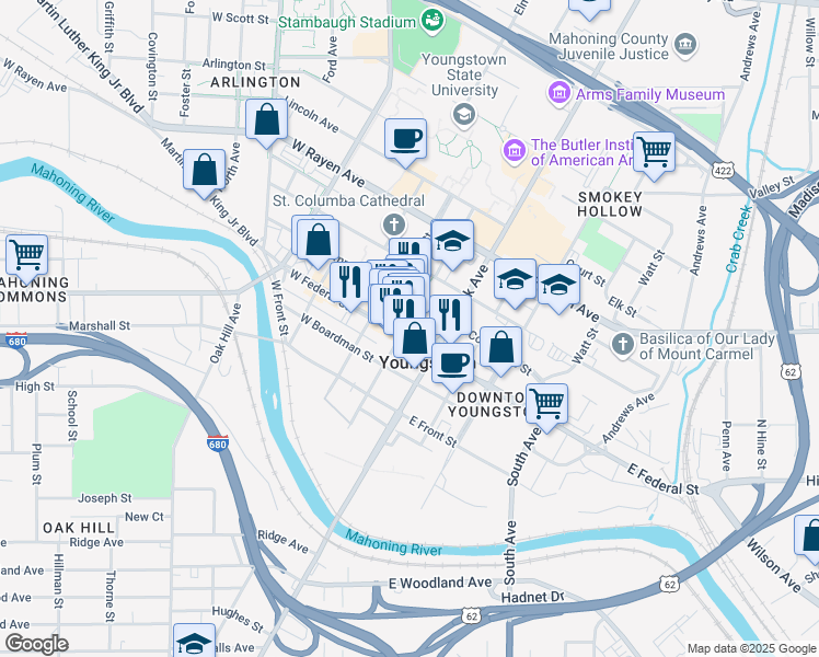 map of restaurants, bars, coffee shops, grocery stores, and more near 34 West Federal Street in Youngstown
