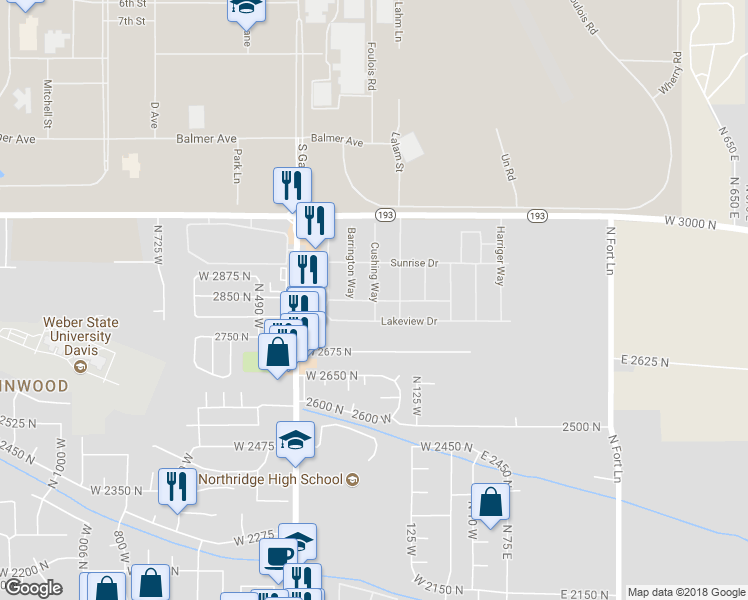 map of restaurants, bars, coffee shops, grocery stores, and more near 125 Sunset Drive in Layton
