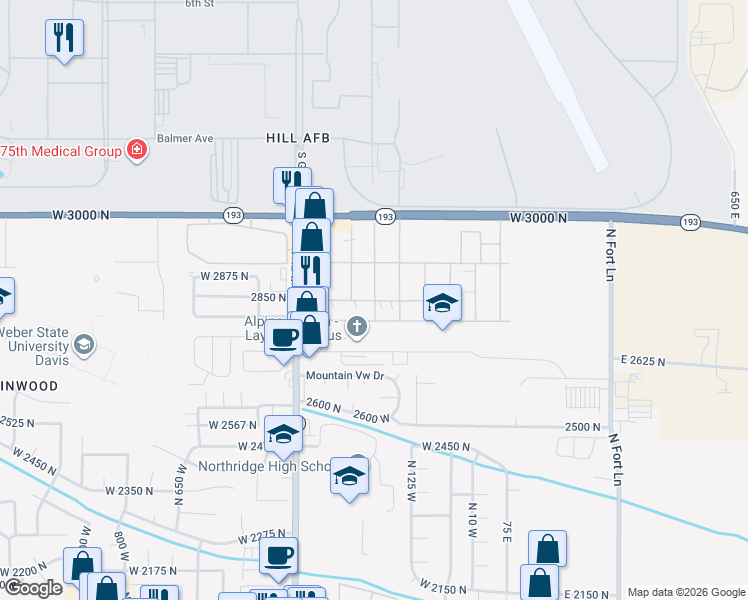 map of restaurants, bars, coffee shops, grocery stores, and more near 146 Cushing Way in Layton