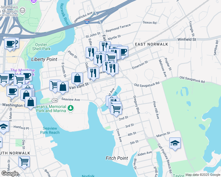 map of restaurants, bars, coffee shops, grocery stores, and more near 256 East Avenue in Norwalk