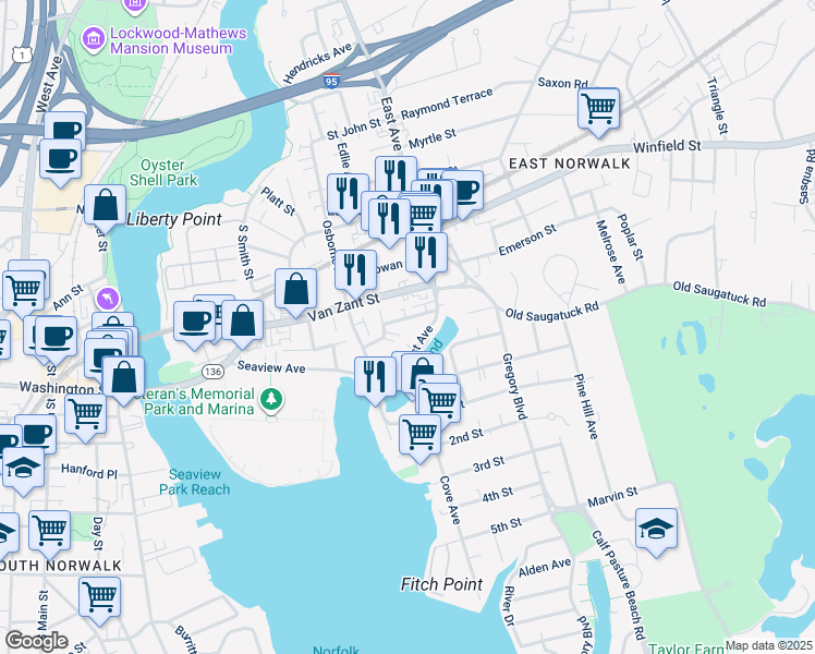 map of restaurants, bars, coffee shops, grocery stores, and more near 54 Van Zant Street in Norwalk