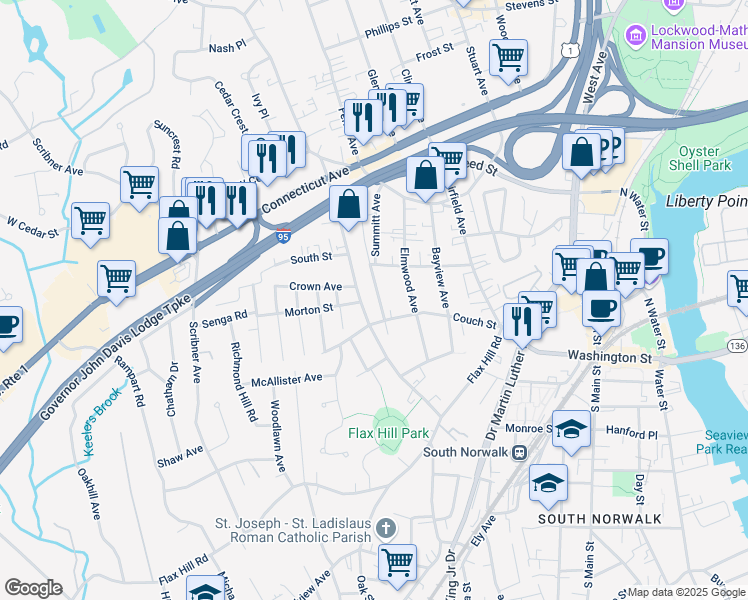 map of restaurants, bars, coffee shops, grocery stores, and more near 34 Summitt Avenue in Norwalk
