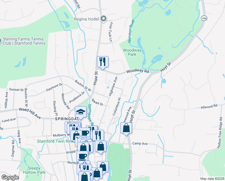 map of restaurants, bars, coffee shops, grocery stores, and more near 183 Highview Avenue in Stamford