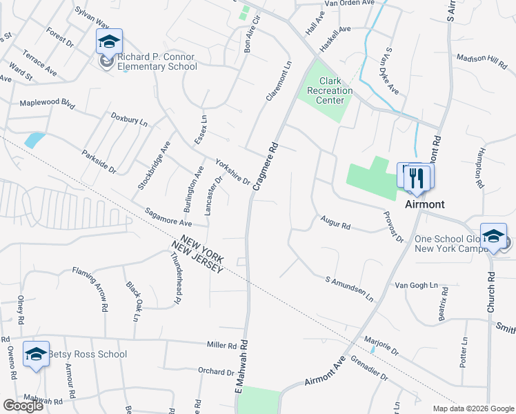map of restaurants, bars, coffee shops, grocery stores, and more near 1 Yorkshire Drive in Suffern