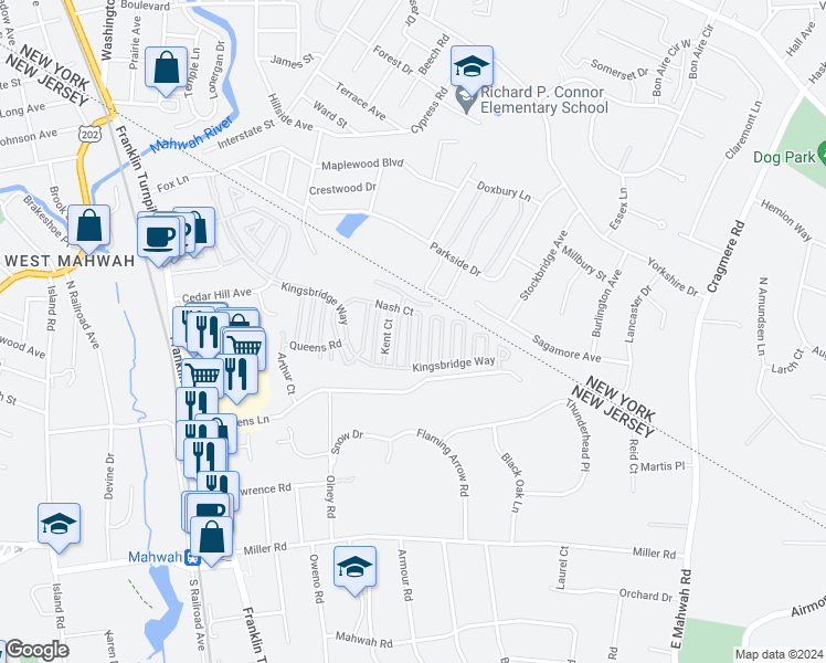 map of restaurants, bars, coffee shops, grocery stores, and more near 2290 Oakham Court in Mahwah
