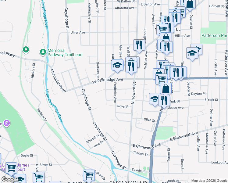 map of restaurants, bars, coffee shops, grocery stores, and more near 595 Frederick Avenue in Akron