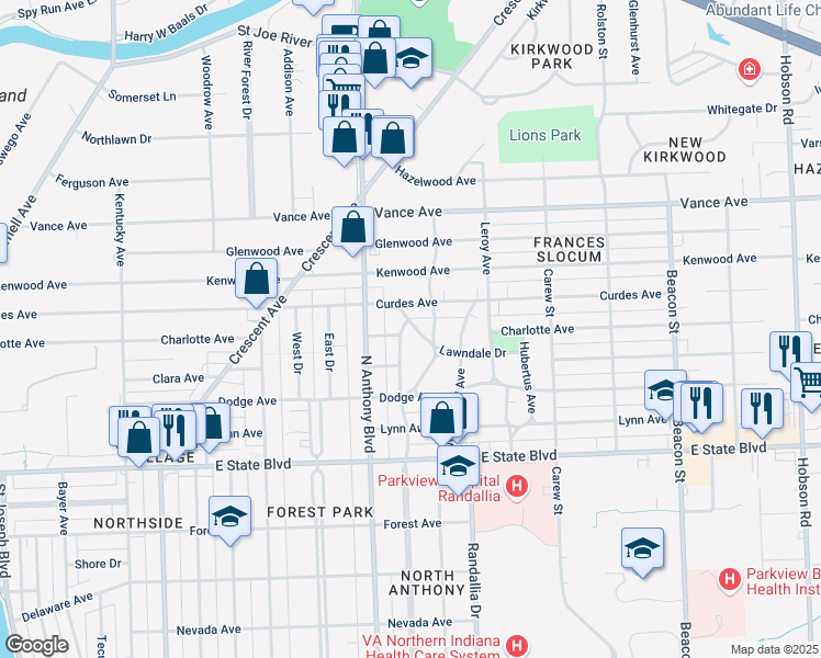 map of restaurants, bars, coffee shops, grocery stores, and more near 1822 Lawndale Drive in Fort Wayne