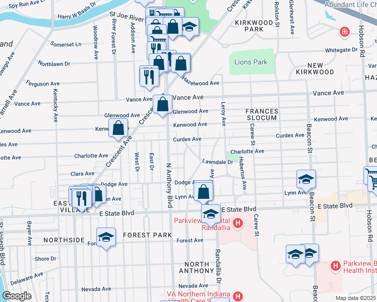 map of restaurants, bars, coffee shops, grocery stores, and more near 1822 Lawndale Drive in Fort Wayne