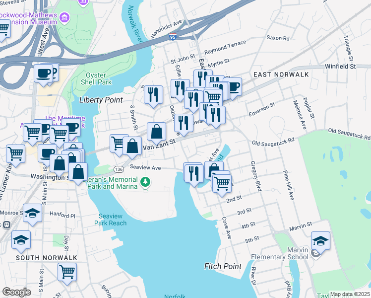 map of restaurants, bars, coffee shops, grocery stores, and more near 18 Osborne Avenue in Norwalk