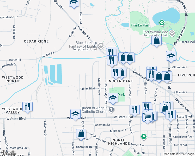 map of restaurants, bars, coffee shops, grocery stores, and more near 2731 Stanford Avenue in Fort Wayne