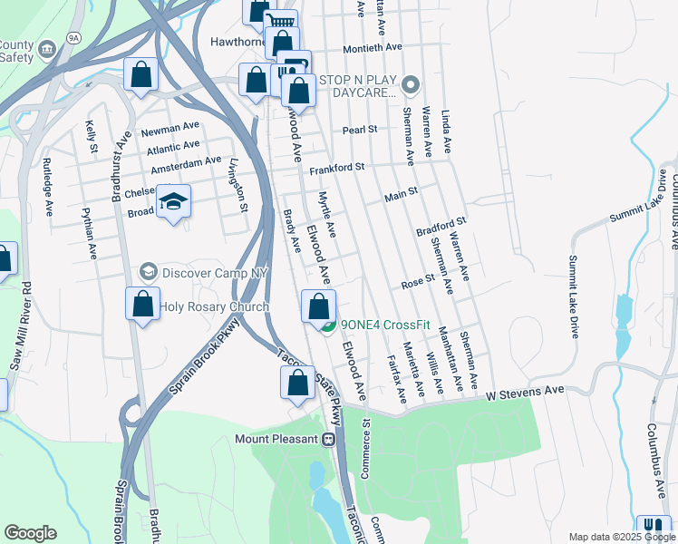 map of restaurants, bars, coffee shops, grocery stores, and more near 33 Bradford Street in Hawthorne