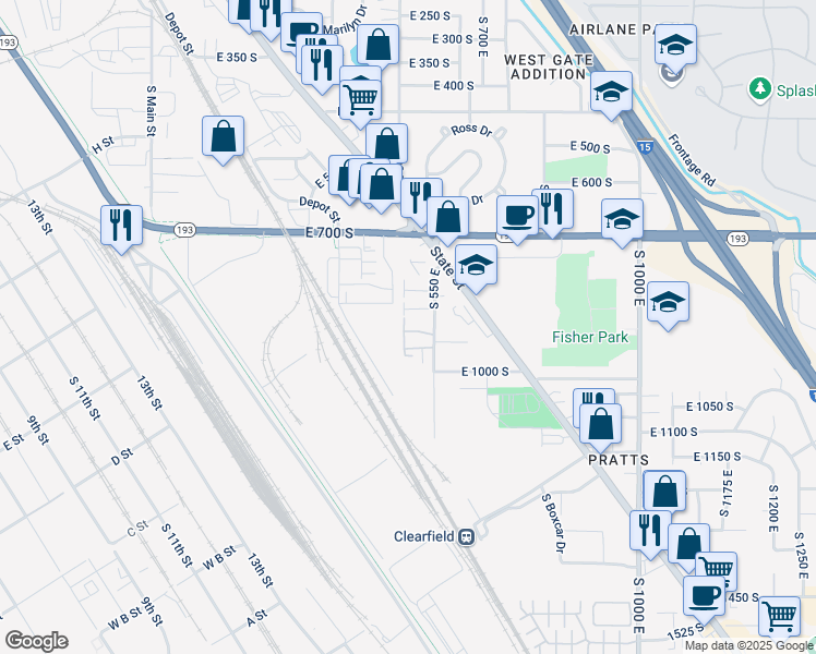 map of restaurants, bars, coffee shops, grocery stores, and more near 930 South 550 East in Clearfield