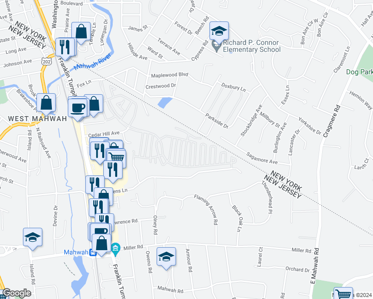 map of restaurants, bars, coffee shops, grocery stores, and more near 2227 Lancaster Court in Mahwah