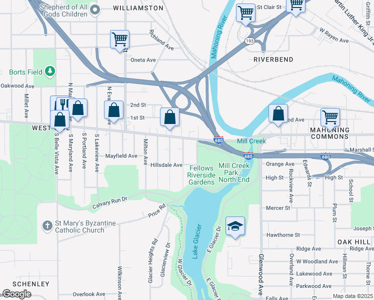 map of restaurants, bars, coffee shops, grocery stores, and more near 27 Whitney Avenue in Youngstown