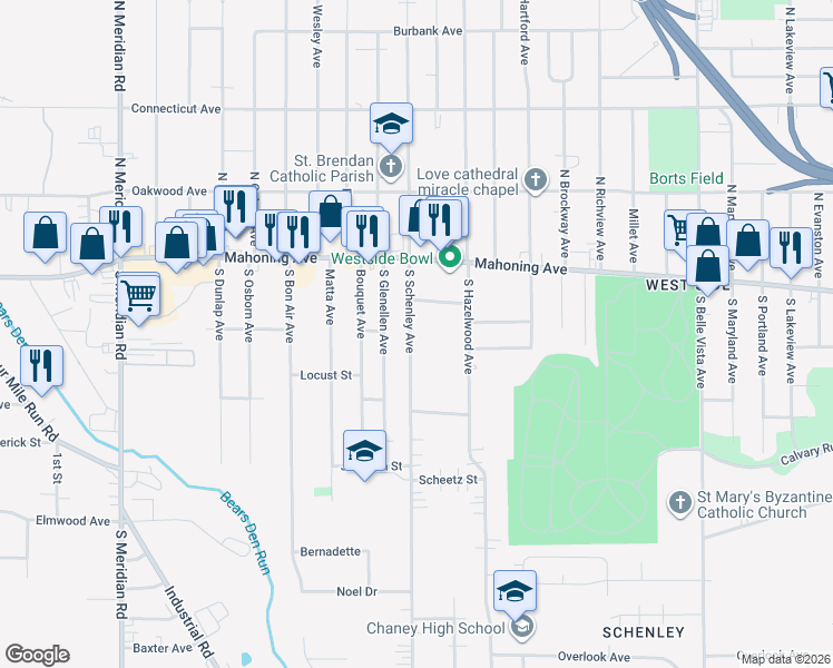map of restaurants, bars, coffee shops, grocery stores, and more near 50 South Schenley Avenue in Youngstown