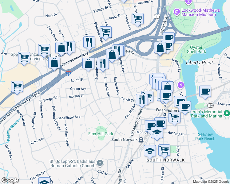 map of restaurants, bars, coffee shops, grocery stores, and more near 34 Elmwood Avenue in Norwalk