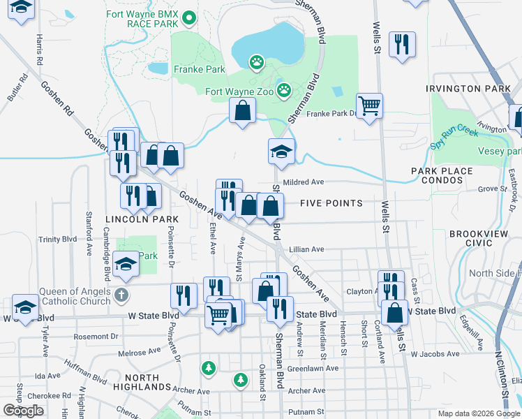 map of restaurants, bars, coffee shops, grocery stores, and more near 923 Mildred Avenue in Fort Wayne