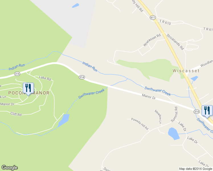 map of restaurants, bars, coffee shops, grocery stores, and more near Manor Drive in Mount Pocono