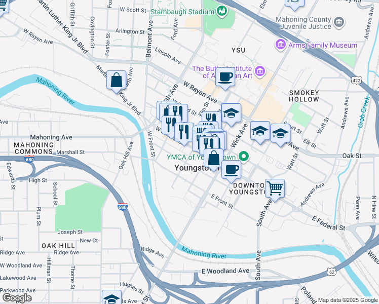 map of restaurants, bars, coffee shops, grocery stores, and more near in Youngstown