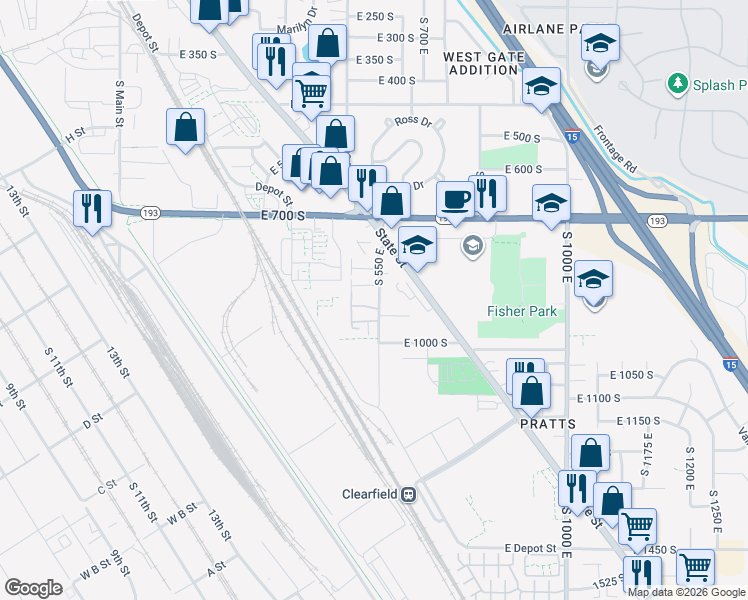 map of restaurants, bars, coffee shops, grocery stores, and more near 908 South 550 East in Clearfield
