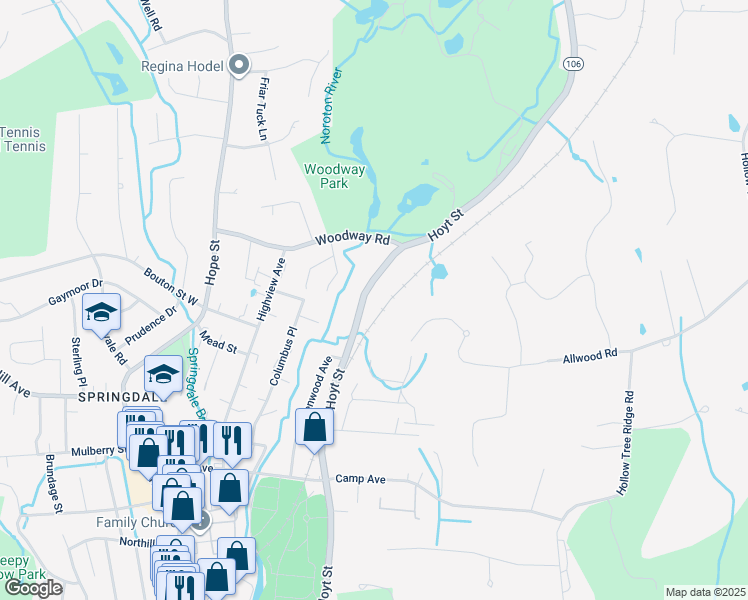 map of restaurants, bars, coffee shops, grocery stores, and more near 343 Hoyt Street in Darien