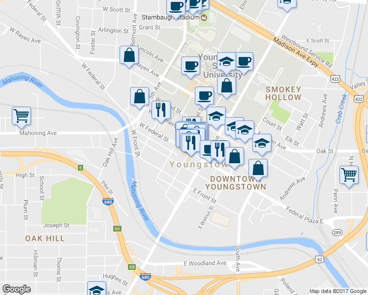 map of restaurants, bars, coffee shops, grocery stores, and more near 142 Federal Plaza W in Youngstown
