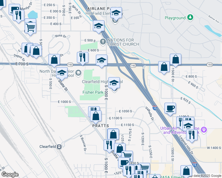 map of restaurants, bars, coffee shops, grocery stores, and more near 931 South 1000 East in Clearfield
