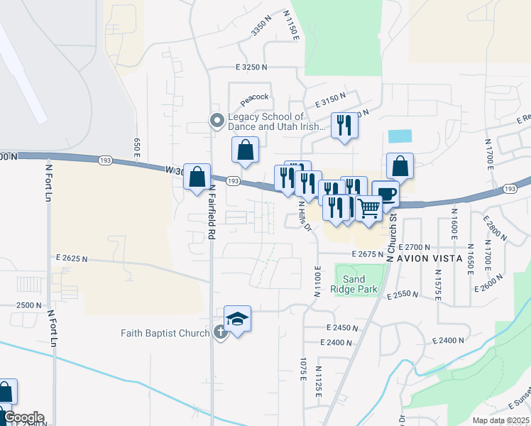 map of restaurants, bars, coffee shops, grocery stores, and more near in Layton