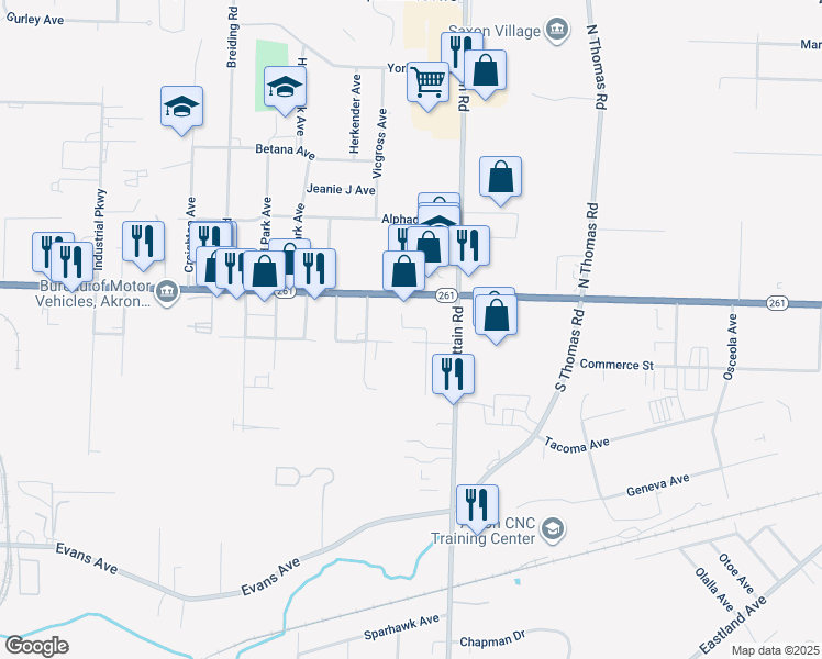 map of restaurants, bars, coffee shops, grocery stores, and more near 1308 East Tallmadge Avenue in Akron