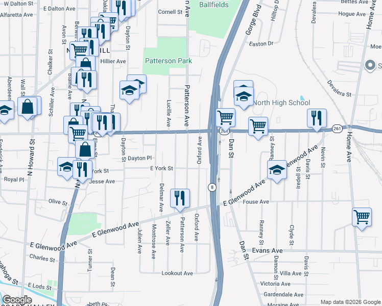 map of restaurants, bars, coffee shops, grocery stores, and more near 582 Patterson Avenue in Akron