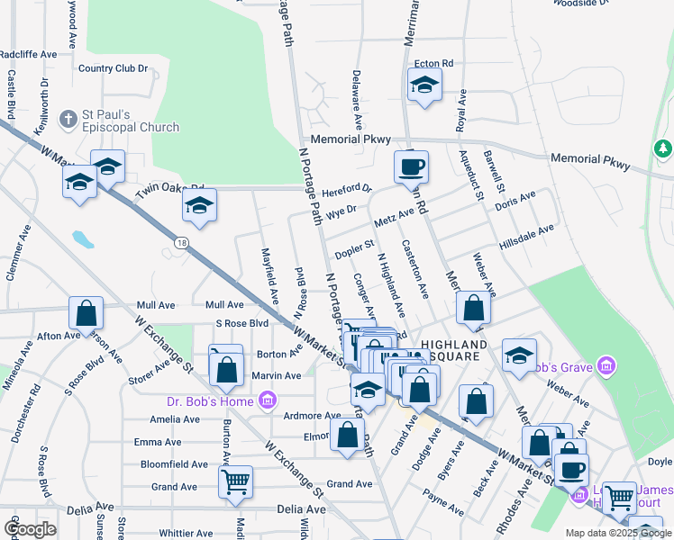 map of restaurants, bars, coffee shops, grocery stores, and more near 973 Dopler Street in Akron