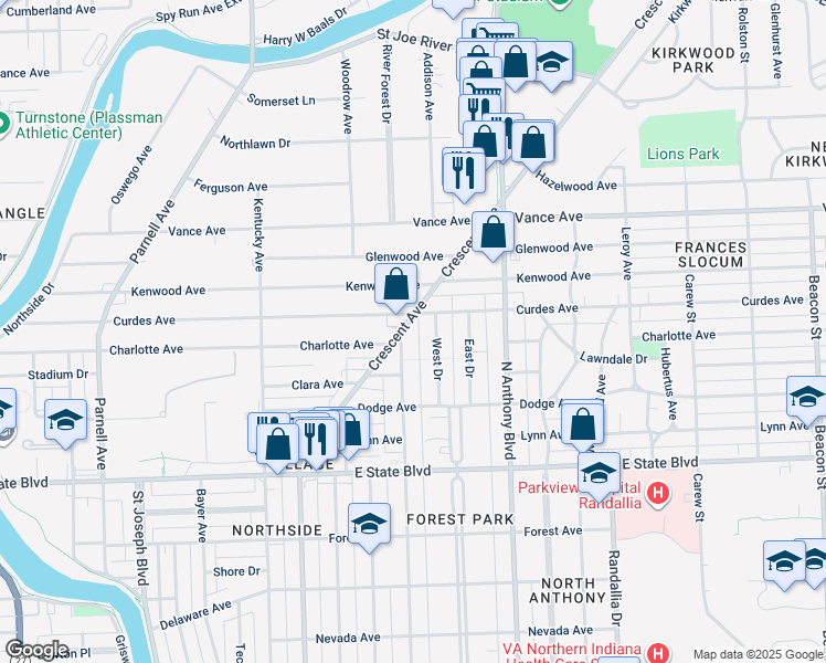 map of restaurants, bars, coffee shops, grocery stores, and more near 2725 West Drive in Fort Wayne