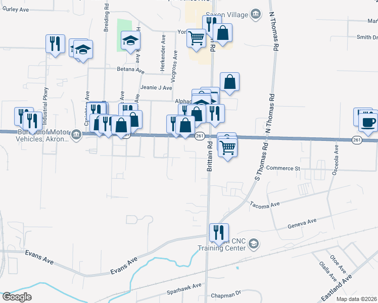 map of restaurants, bars, coffee shops, grocery stores, and more near 1308 East Tallmadge Avenue in Akron