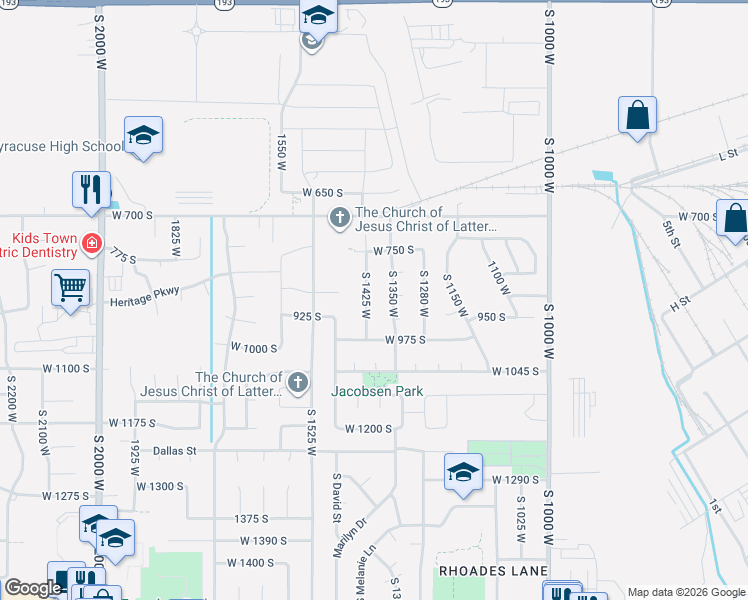 map of restaurants, bars, coffee shops, grocery stores, and more near 846 South 1425 West in Clearfield
