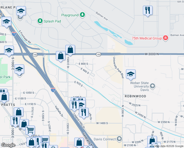 map of restaurants, bars, coffee shops, grocery stores, and more near 885 South 1650 East in Clearfield