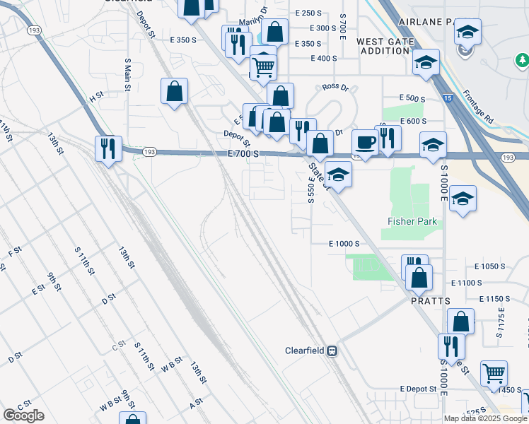 map of restaurants, bars, coffee shops, grocery stores, and more near 875 South Depot Street in Clearfield