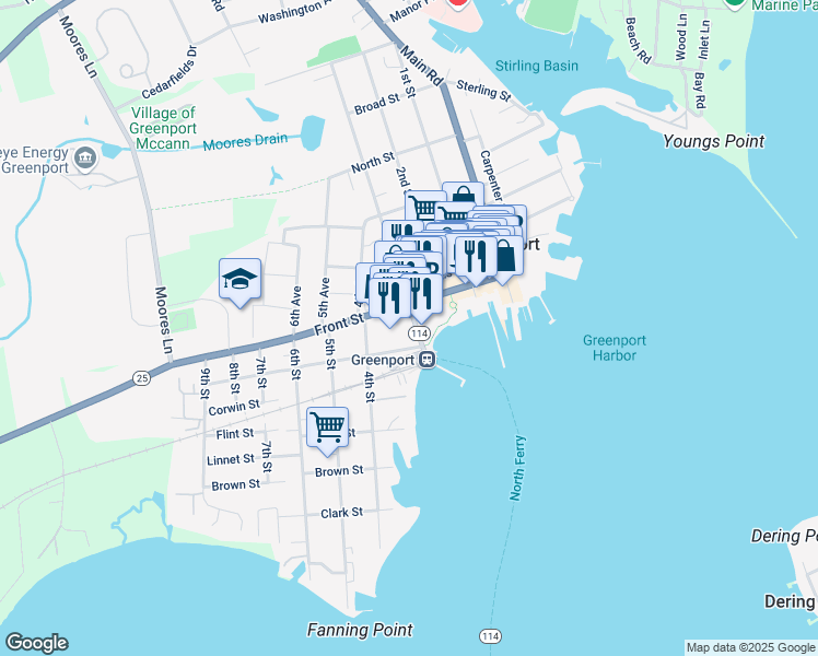 map of restaurants, bars, coffee shops, grocery stores, and more near 137 3rd Street in Greenport