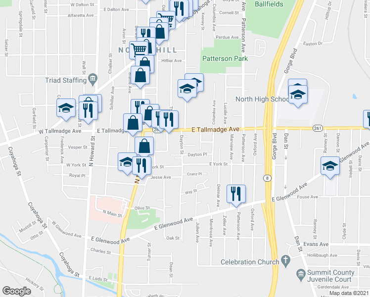 map of restaurants, bars, coffee shops, grocery stores, and more near 575 Dayton Street in Akron