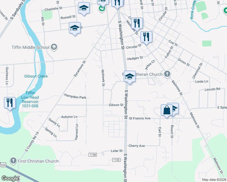 map of restaurants, bars, coffee shops, grocery stores, and more near 60 Indian Lane in Tiffin
