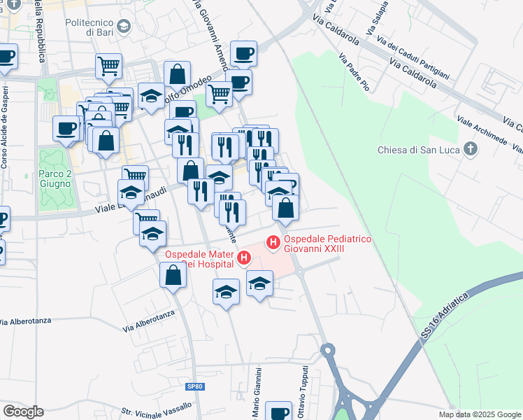 map of restaurants, bars, coffee shops, grocery stores, and more near 199g Via Giovanni Amendola in Bari