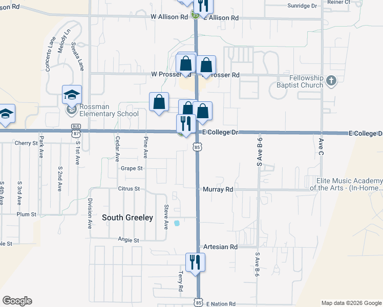 map of restaurants, bars, coffee shops, grocery stores, and more near 1753-1791 South Greeley Highway in Cheyenne