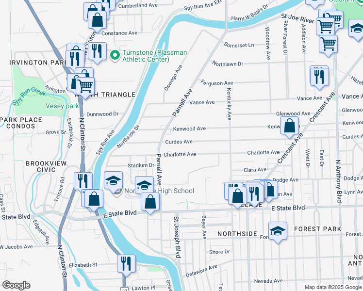 map of restaurants, bars, coffee shops, grocery stores, and more near 811 Curdes Avenue in Fort Wayne