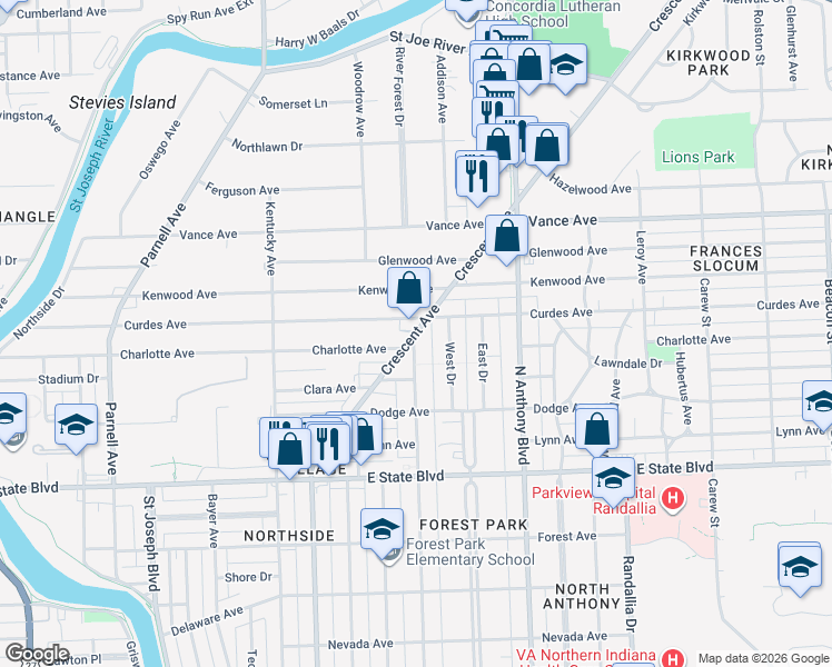 map of restaurants, bars, coffee shops, grocery stores, and more near Crescent Avenue in Fort Wayne