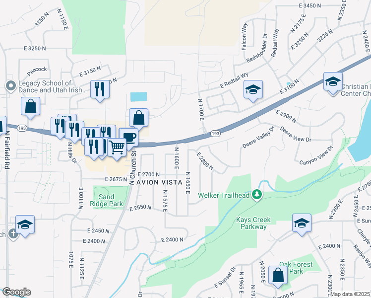 map of restaurants, bars, coffee shops, grocery stores, and more near 2801 North 1650 East in Layton
