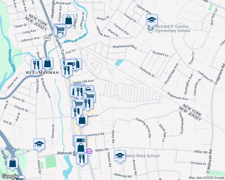 map of restaurants, bars, coffee shops, grocery stores, and more near 2109 Henry Court in Mahwah